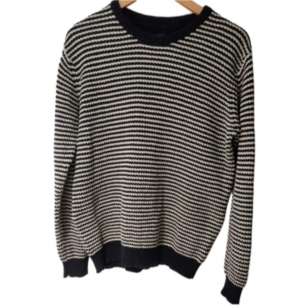 SUIT Uk Brand Navy‎ and White Striped Men's Sweater Heavy Knit Cotton Blend
